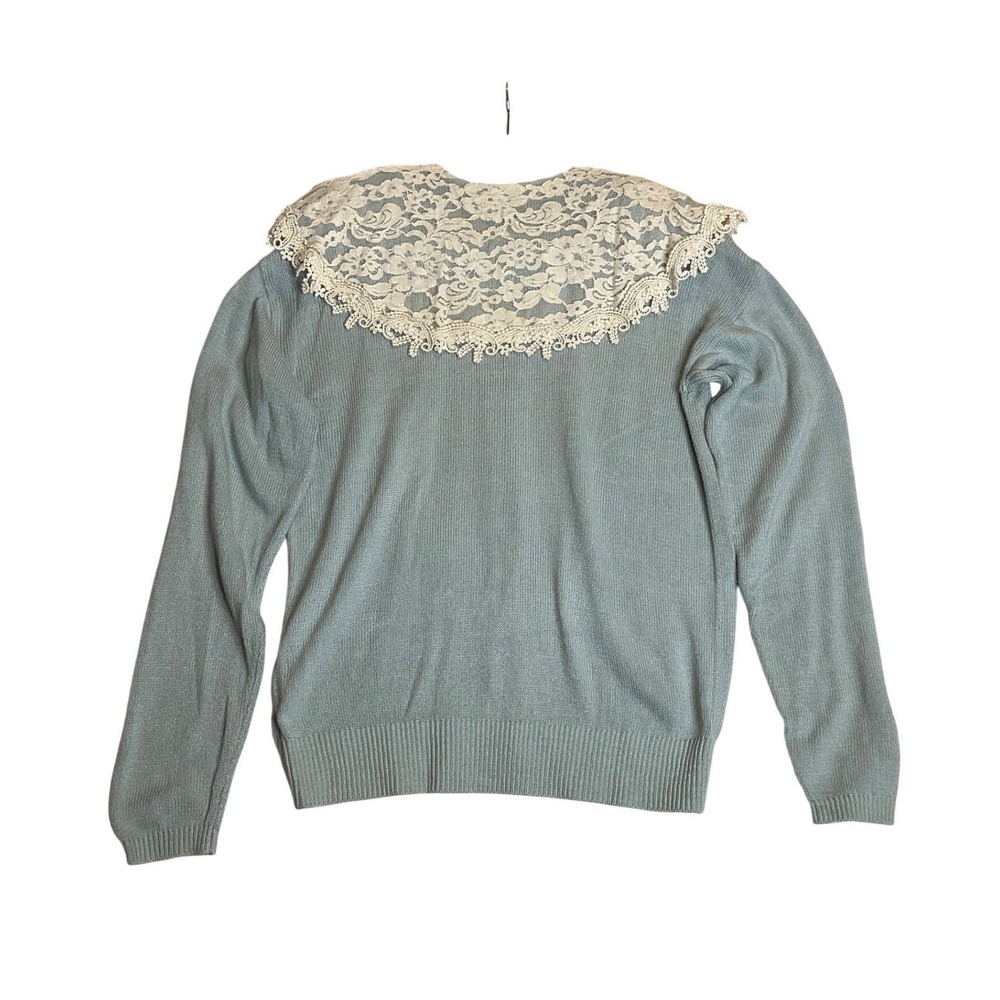 Jessica McClintock Vintage Button Up Sweater Cardigan White Lace Blue Collar L - Picture 2 of 5